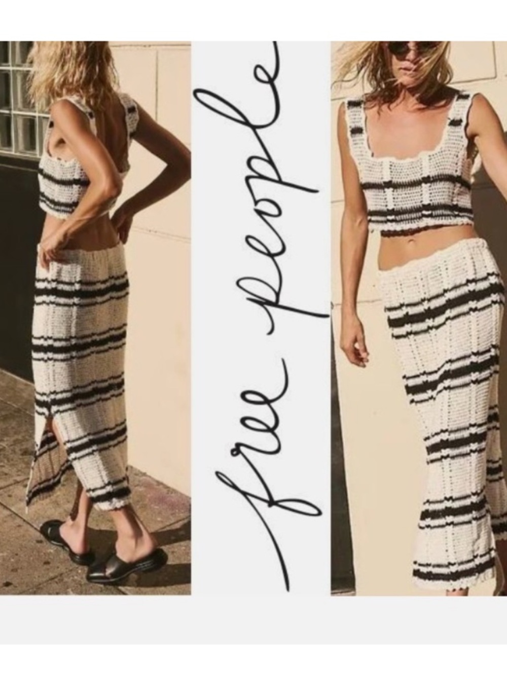 NWT Free People Cream & Black Crochet Midi Skirt